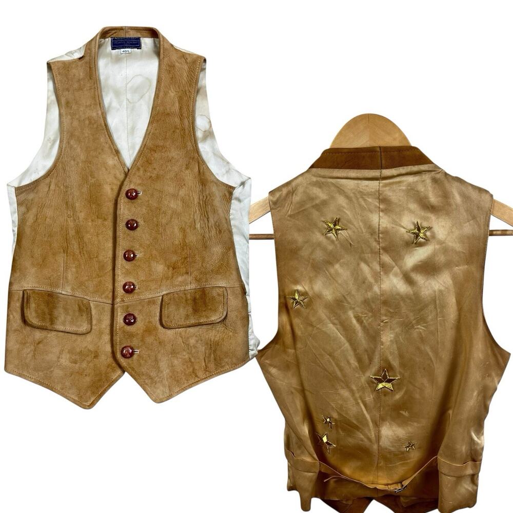 Vintage Suede Leather Vest Unisex S-M Hungary Stanley Blacker Cognac Stars OOAK